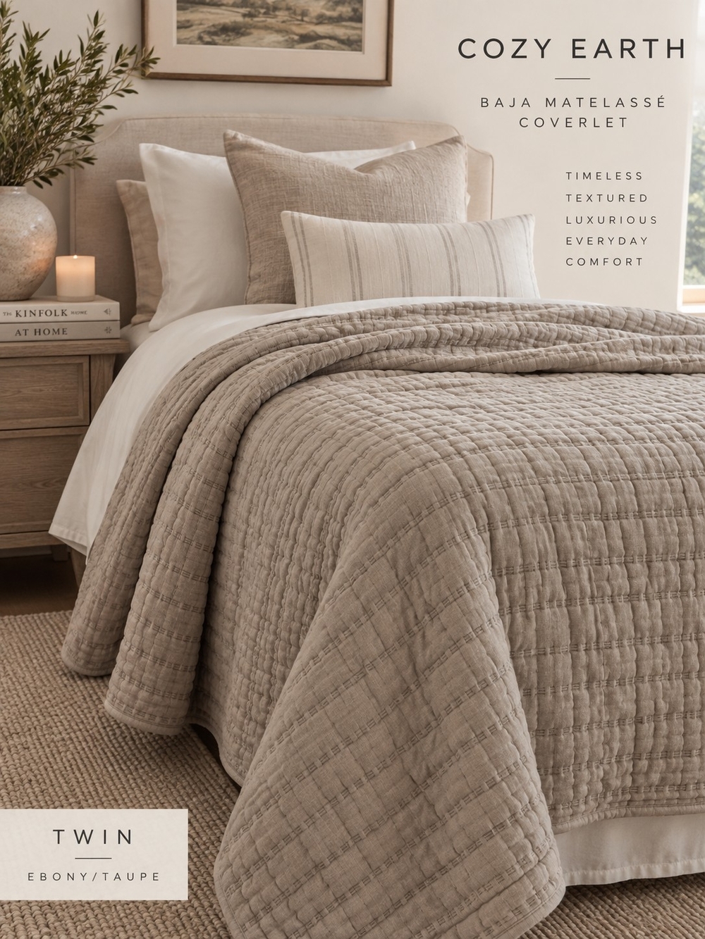 Cozy Earth Baja Matelasse Coverlet Twin Ebony Taupe NWT Luxury Bedding
